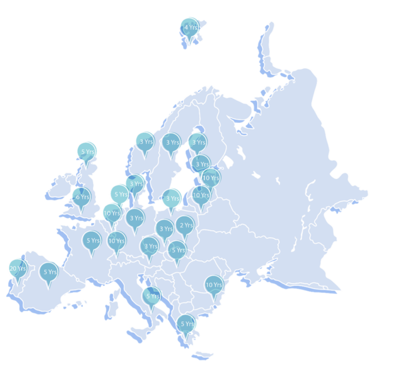 Map of Europe showing debt collection limitation periods by country.