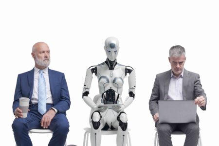 Business people and humanoid AI robot sitting and waiting for a job interview: AI vs human competition